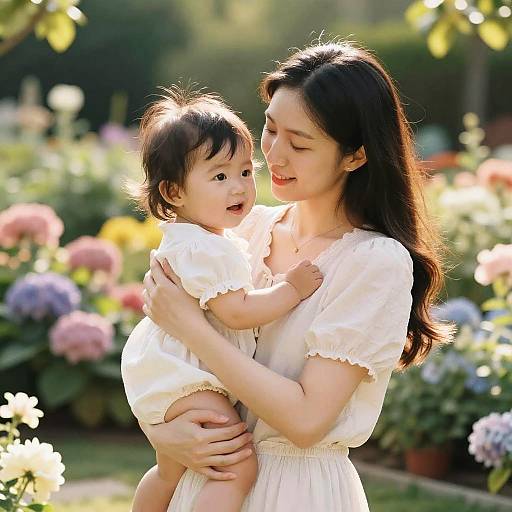 Mother and Toddler in Sunlit Garden