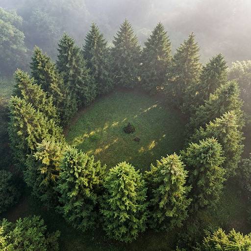 Aerial photograph of a dense, circular forest of lush, green pine trees with sunlight filtering through the misty background.