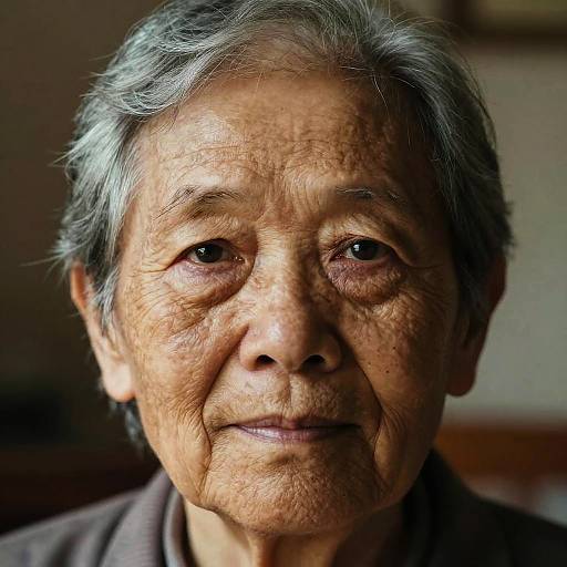 Close-up photograph of an elderly Asian woman with gray hair, wrinkled skin, and deep brown eyes, wearing a dark brown shirt, gazing softly