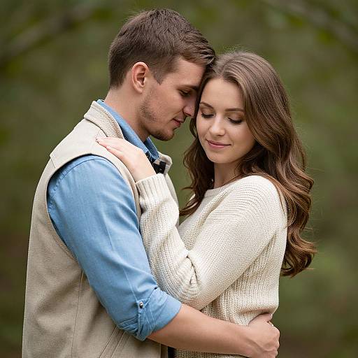 Photograph of a young couple in a forest, embracing closely; the man in a blue shirt and beige vest, the woman in a white sweater,