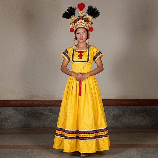 Photograph of a woman in a vibrant yellow traditional dress with black and red trim, wearing a gold and black feathered headdress, standing against a