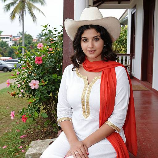 Photograph of a smiling South Asian woman with dark hair, wearing a white traditional outfit, red scarf, and white hat, seated outdoors by a flower