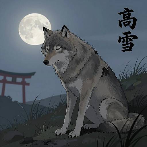 Lone Gray Wolf Under Full Moon