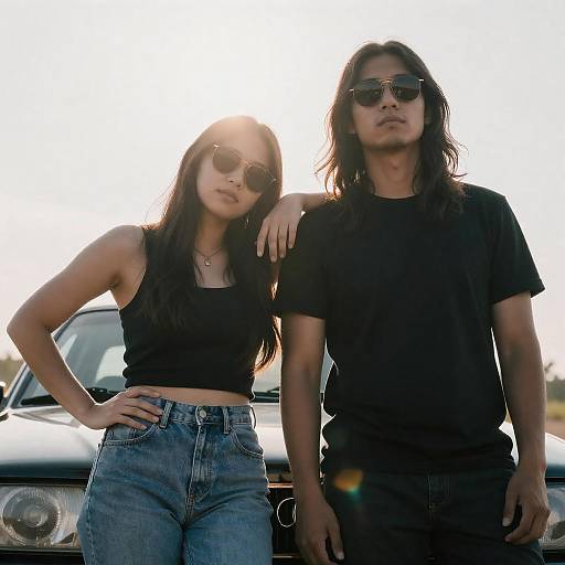 Cool Young Couple with Sunglasses Leaning on Car