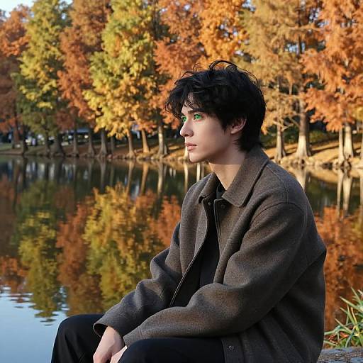 Photograph of a young man with messy black hair, wearing a gray wool jacket, sitting by a reflective autumn lake with vibrant orange and yellow trees in