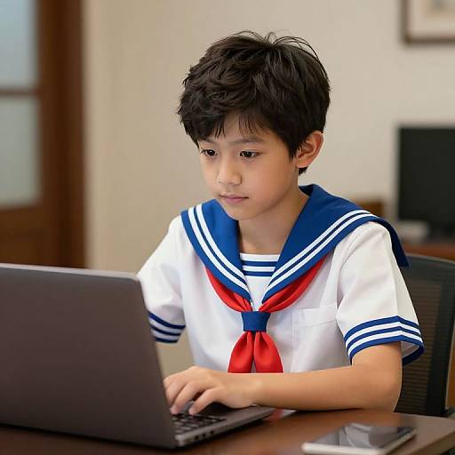 Photograph of a young Asian boy with black hair, wearing a Japanese school uniform, focused on a laptop in a classroom.
