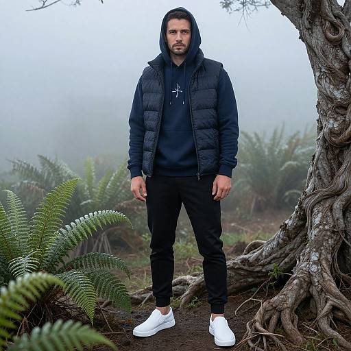 Photograph of a bearded man with medium build, wearing a black puffer jacket, hoodie, black pants, and white sneakers, standing in a