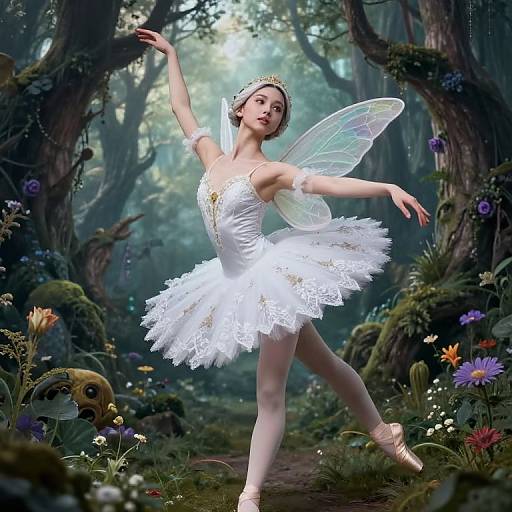 Digital artwork of a fairy ballet dancer in a white tutu, transparent wings, tiara, forest background with vibrant flowers and soft, mystical light.