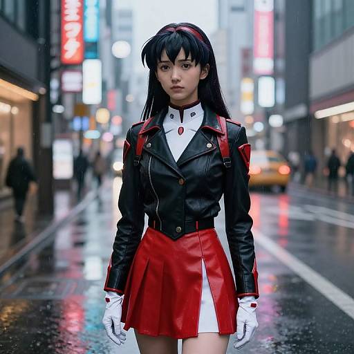 Photorealistic Misato Katsuragi in Rain