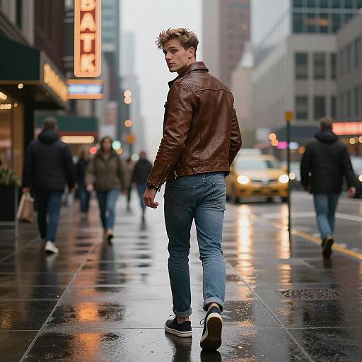 Young Man Walking on Wet Urban Street