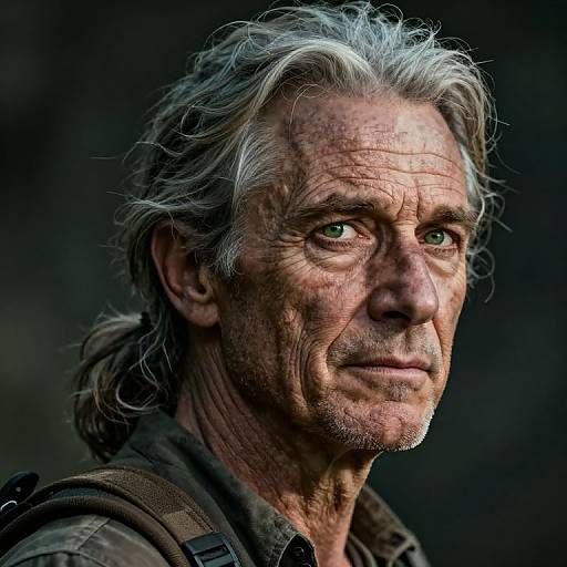Photorealistic portrait of an aged, weathered man with gray, wind-swept hair, green eyes, and wrinkled skin, wearing a