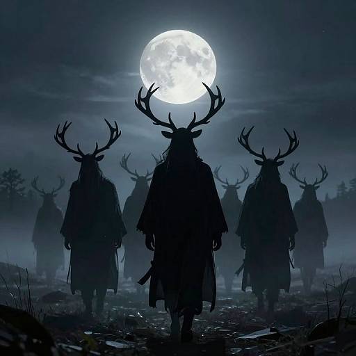 Silhouetted deer-human hybrids with large antlers walk under a full moon, surrounded by fog, in a dark, eerie forest. Digital art