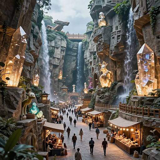 Photograph of a fantasy market inside a cavern with towering rock formations, cascading waterfalls, glowing statues, and illuminated stalls. Crowds of people