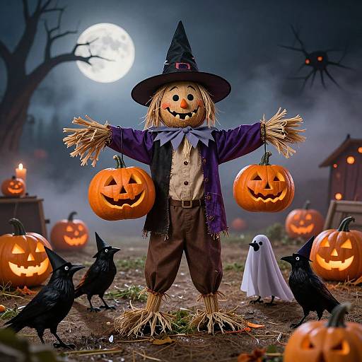 Photograph of a scarecrow in a witch hat, purple jacket, holding two jack-o'-lanterns, surrounded by black crows, ghost