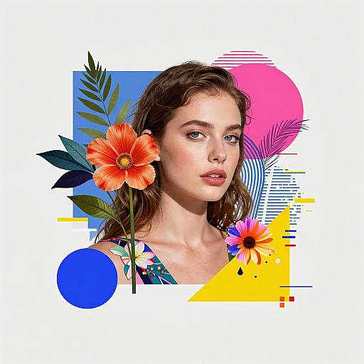 Digital portrait of a young woman with wavy brown hair, wearing a floral dress, surrounded by vibrant flowers, geometric shapes, and colorful background.