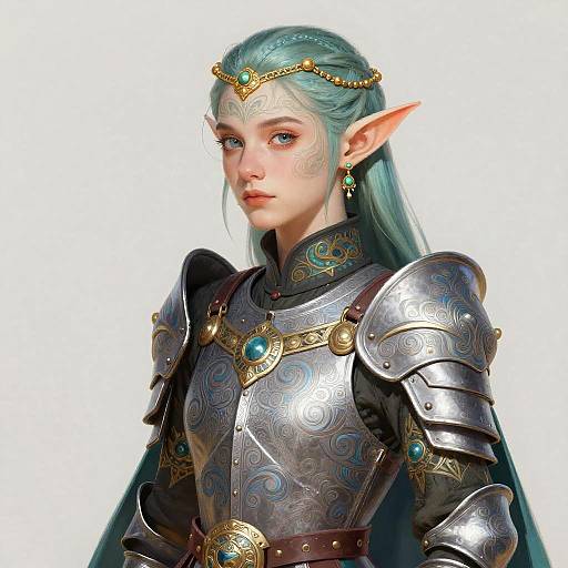 Digital art of a pale-skinned, elven woman with long teal hair, pointed ears, wearing ornate silver armor with blue and gold accents,
