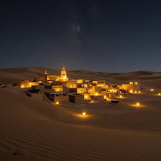 Photograph of a brightly lit, historic desert town at night, with warm yellow lights illuminating buildings and a central tower, set against dark, star