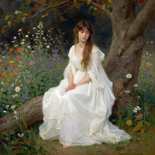 Photorealistic painting of a young woman with long brown hair, wearing a white, flowing dress, sitting against a tree in a vibrant, colorful me
