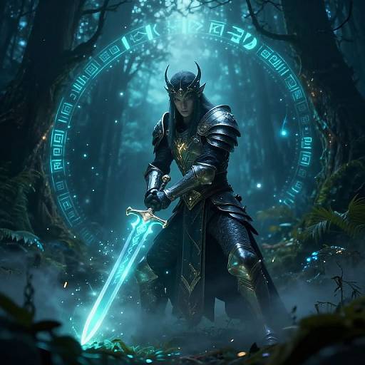 Epic digital art of a dark-armored, horned warrior with glowing blue sword standing in a mystical, foggy forest, surrounded by a glowing