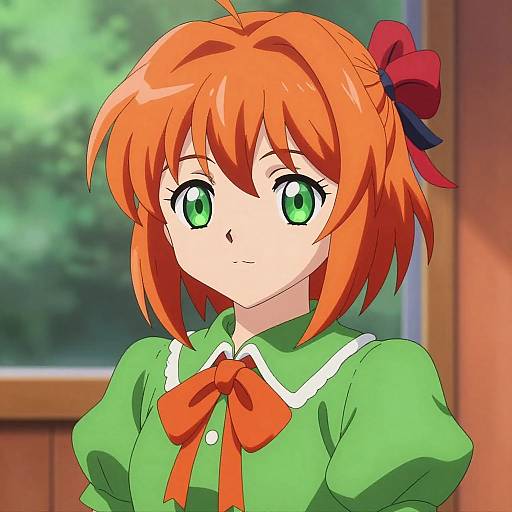 Anime-style digital drawing of a cute, green-eyed, red-haired girl with a red bow, wearing a green blouse with a large red bow, standing