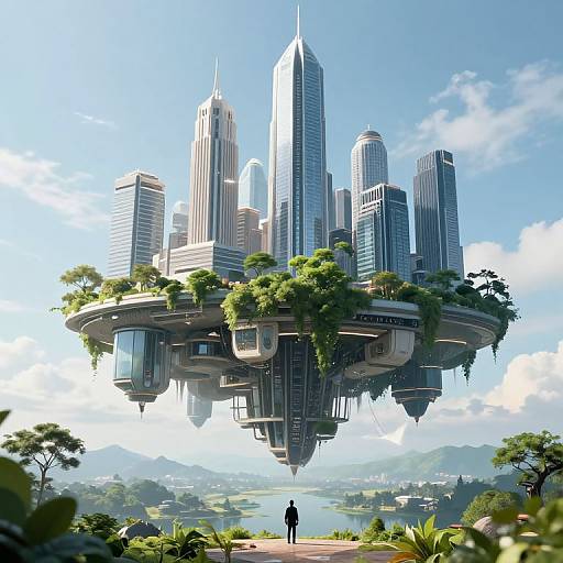 Floating Futuristic Metropolis Above Landscape
