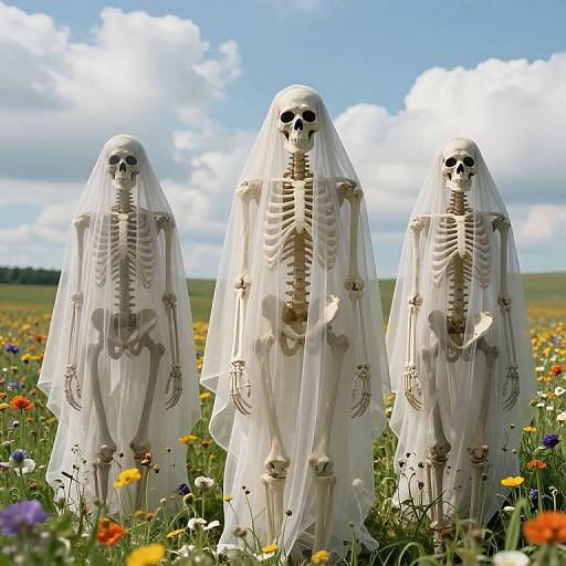 Photograph of three skeletal figures in white veils standing in a colorful flower field under a bright blue sky with clouds.