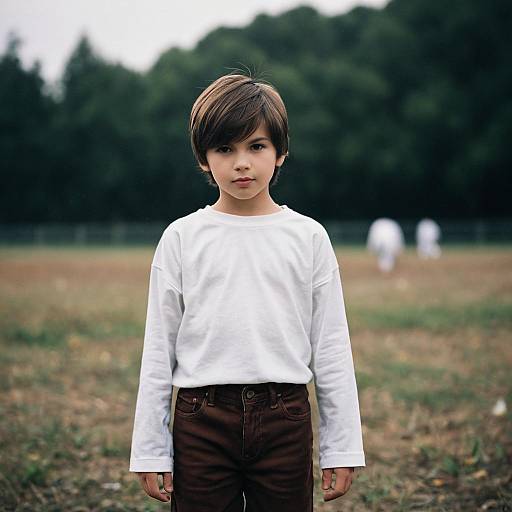 Young Boy Standing Outdoors in White Shirt