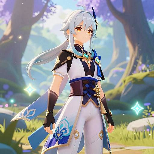 Digital anime-style artwork of a white-haired, amber-eyed female character with blue and white armor, standing in a sunlit, magical forest.