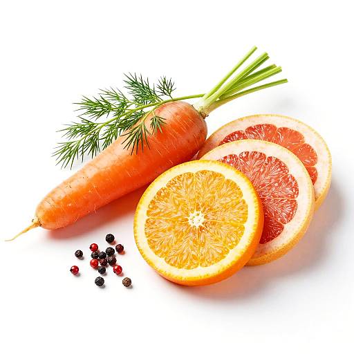 Photograph of a whole carrot with green tops, two orange slices, and scattered black pepper next to red peppercorns on white background.