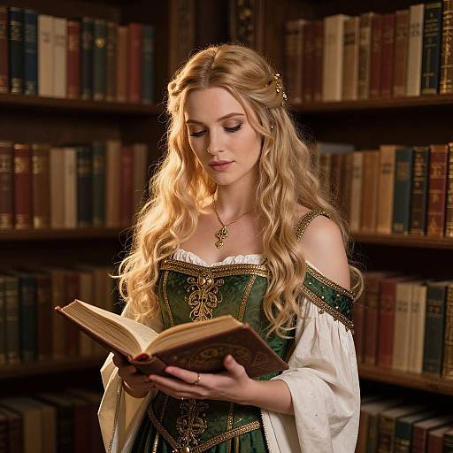 Blonde woman with wavy hair, wearing an off-shoulder green and gold medieval dress, reads a book in a dimly lit, wooden