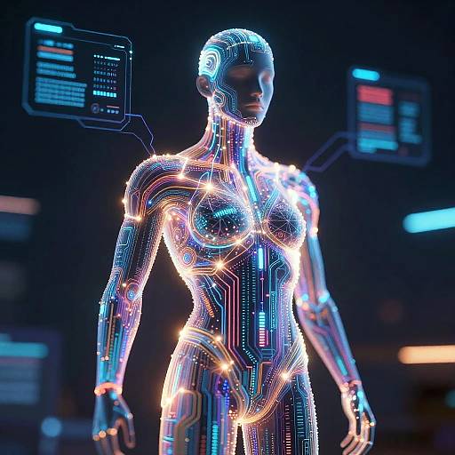CGI image of a glowing, neon-lit, robotic female humanoid with intricate circuit patterns, standing in a dark, futuristic lab.
