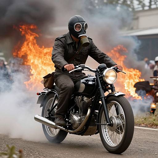 Man in Gas Mask on Steam Motorcycle
