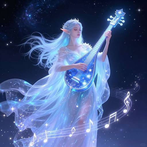 Digital artwork of a glowing, ethereal elf woman with long, flowing white hair, playing a luminous blue electric guitar in a starry night sky