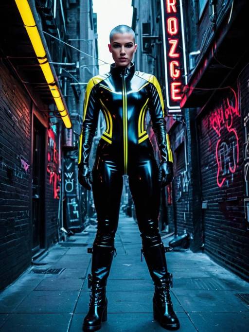 Neon Noir Woman in Glossy Leather Catsuit