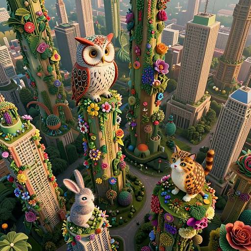 Whimsical CGI cityscape with a giant owl, bunny, and cheetah, adorned with colorful flowers and vines, perched on skyscrap