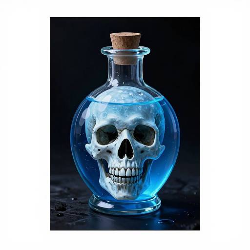 Photograph of a transparent glass bottle with a cork stopper, containing a glowing blue liquid and a floating white skull. Black background.