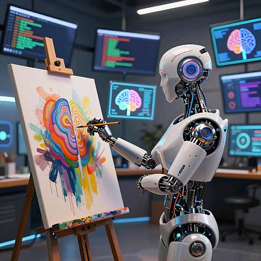 Digital artwork of a humanoid robot painting a vibrant abstract swirl on an easel in a high-tech, neon-lit studio.