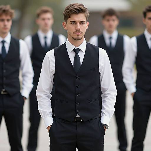 Photograph of a handsome young man with short brown hair, wearing a black vest, white shirt, and black tie, standing in front of blurred,