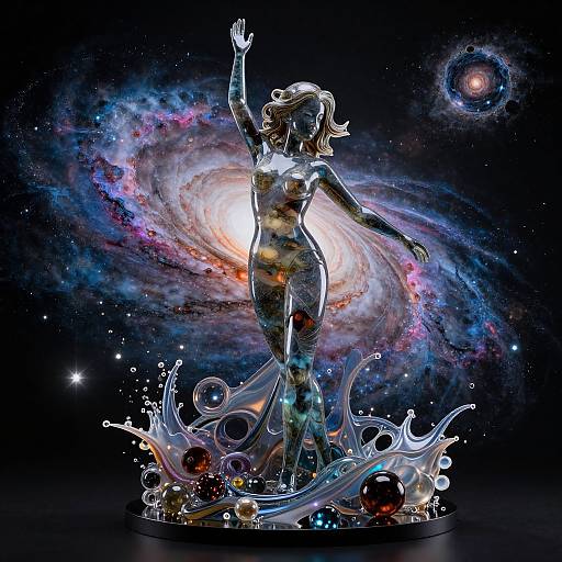 Silhouetted dancing woman statue with cosmic backdrop, featuring vibrant galaxies, stars, and splashing water effects, creating a dynamic, celestial scene.