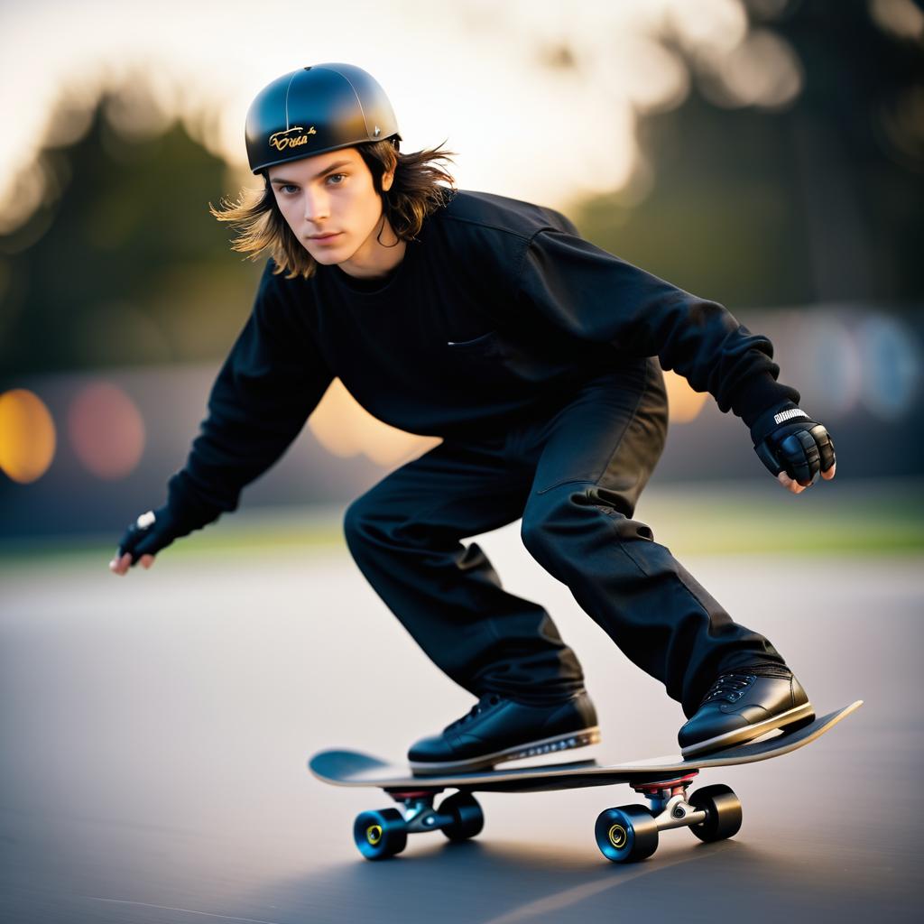 Dynamic Skateboarder in Radiant Black Gear