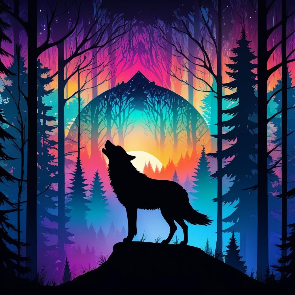 Surreal Wolf Silhouette with Forest Scene