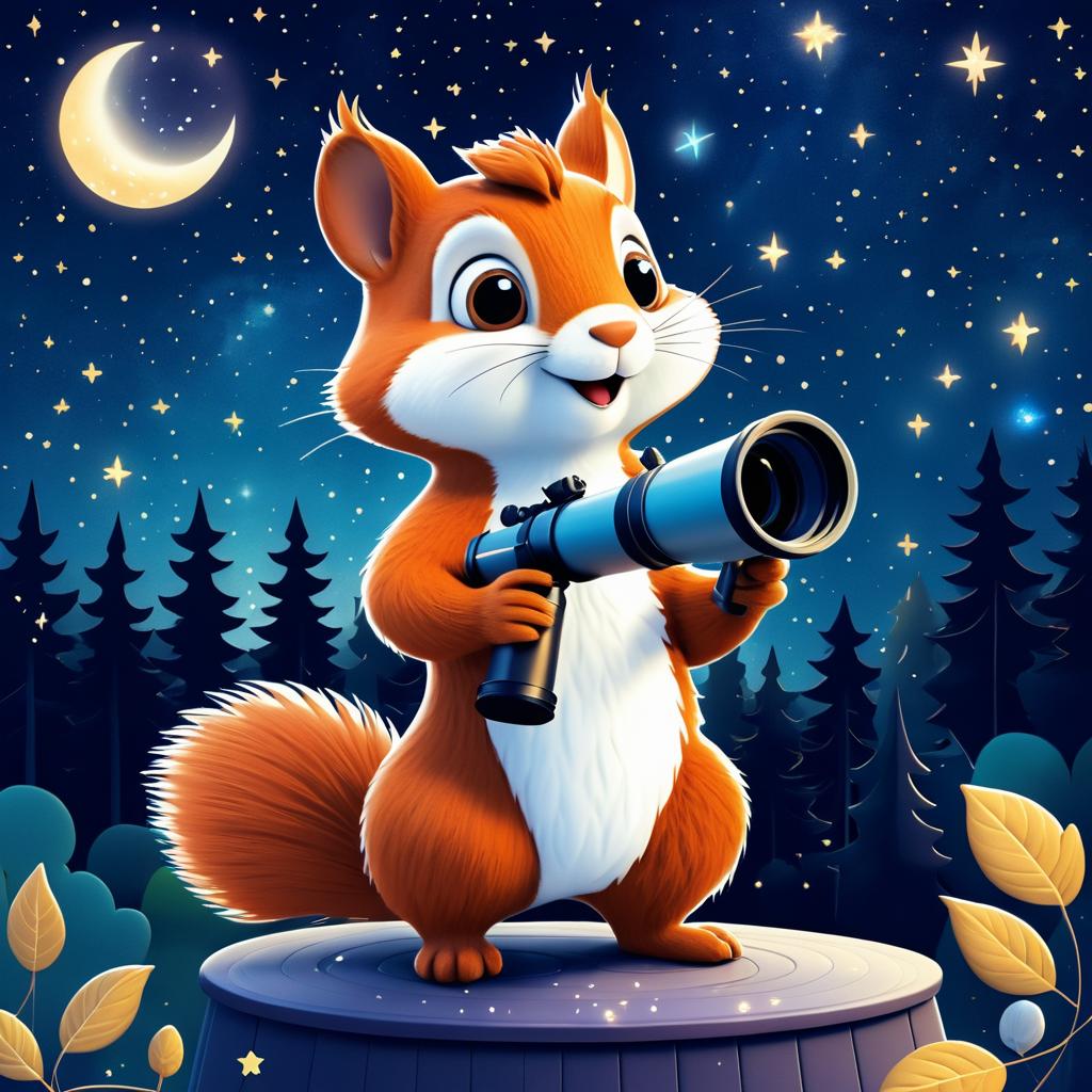 Squirrel Stargazing with Telescope Illustration