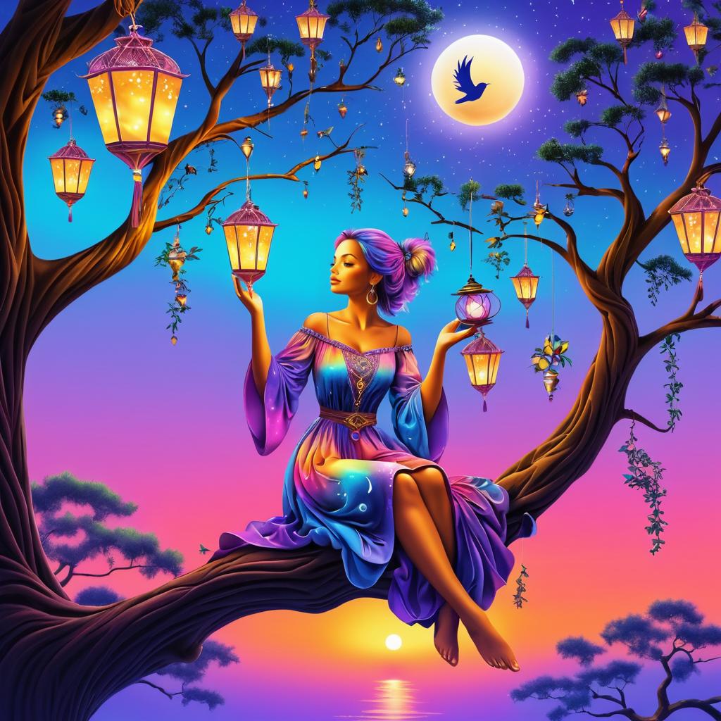 Serene Dawn: Lantern and Bird Fantasy