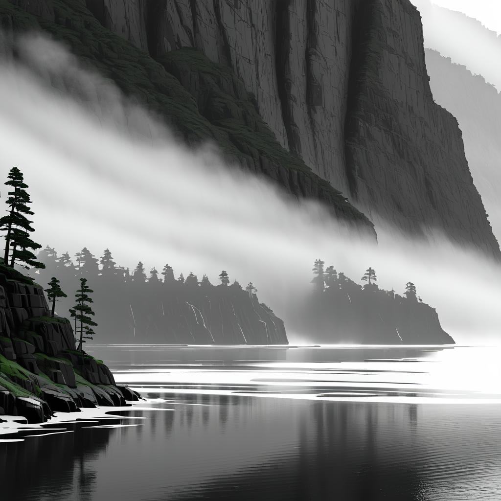 Misty Fjord with Rugged Cliffs and Shadows