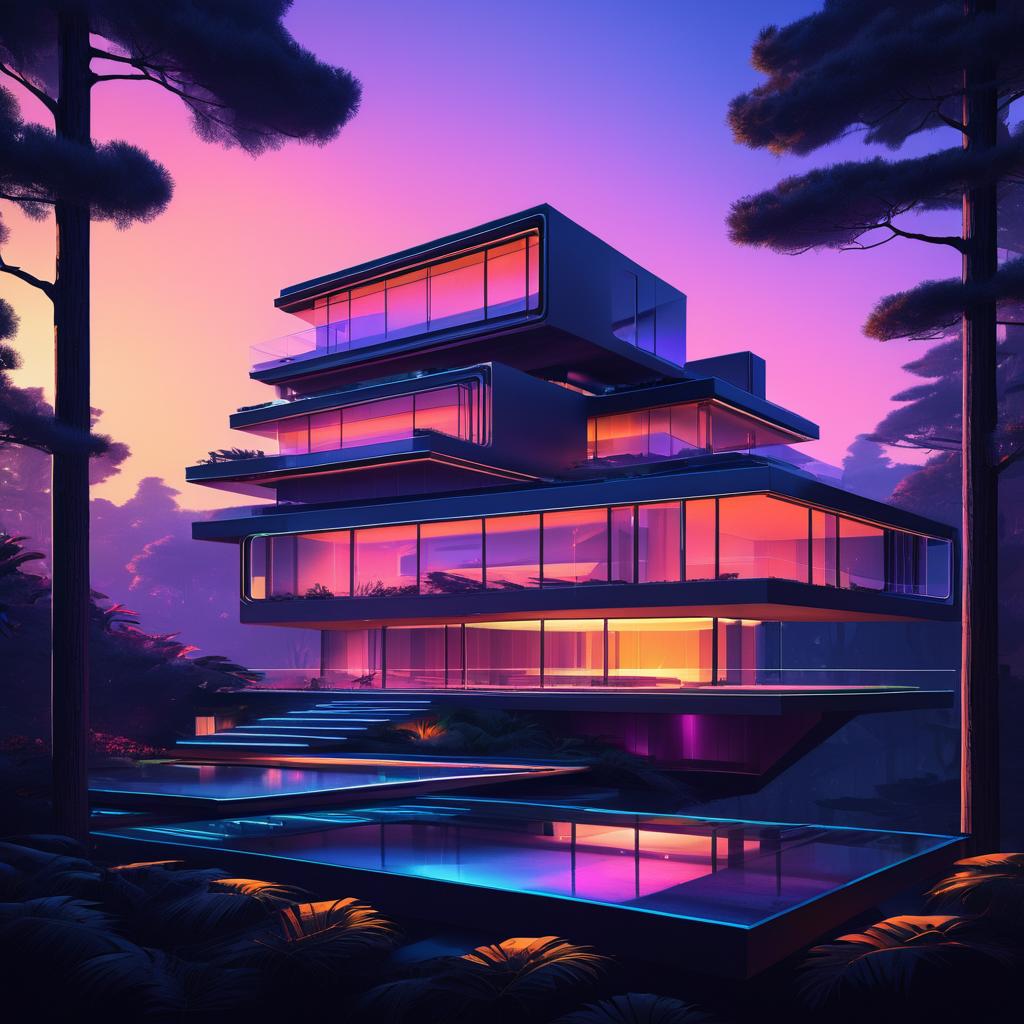 Luxurious Brutalist House at Sunset