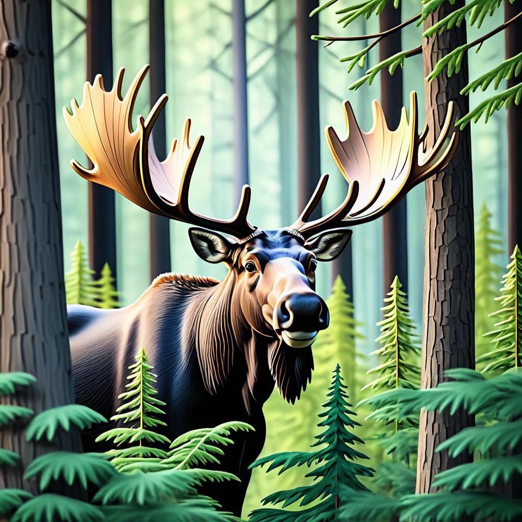 Whimsical Moose Peeking in Forest