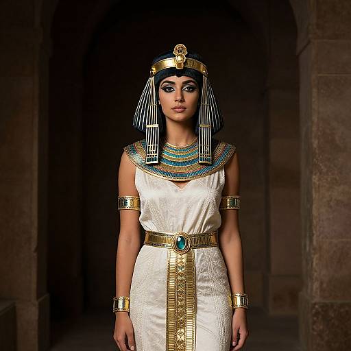 Photograph of a dark-skinned woman in an Egyptian-inspired white dress with gold and turquoise accessories, striped headdress, and stone background.