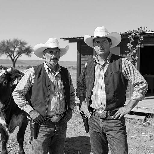 Black and White Portrait of Two Cowboys in Desert