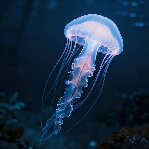 Photograph of a glowing, translucent blue jellyfish with delicate, flowing tentacles against a dark blue underwater background.