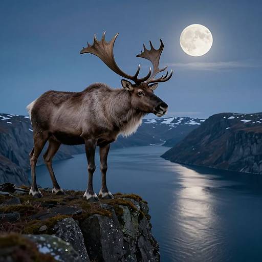 Photograph of a majestic moose with large antlers standing on a rocky cliff under a full moon, overlooking a calm, reflective lake surrounded by snow